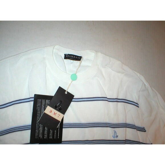 New NWT Mens L Viscose Cotton Sweater White Blue Italy Bramante Stripes Designer - Picture 2 of 5